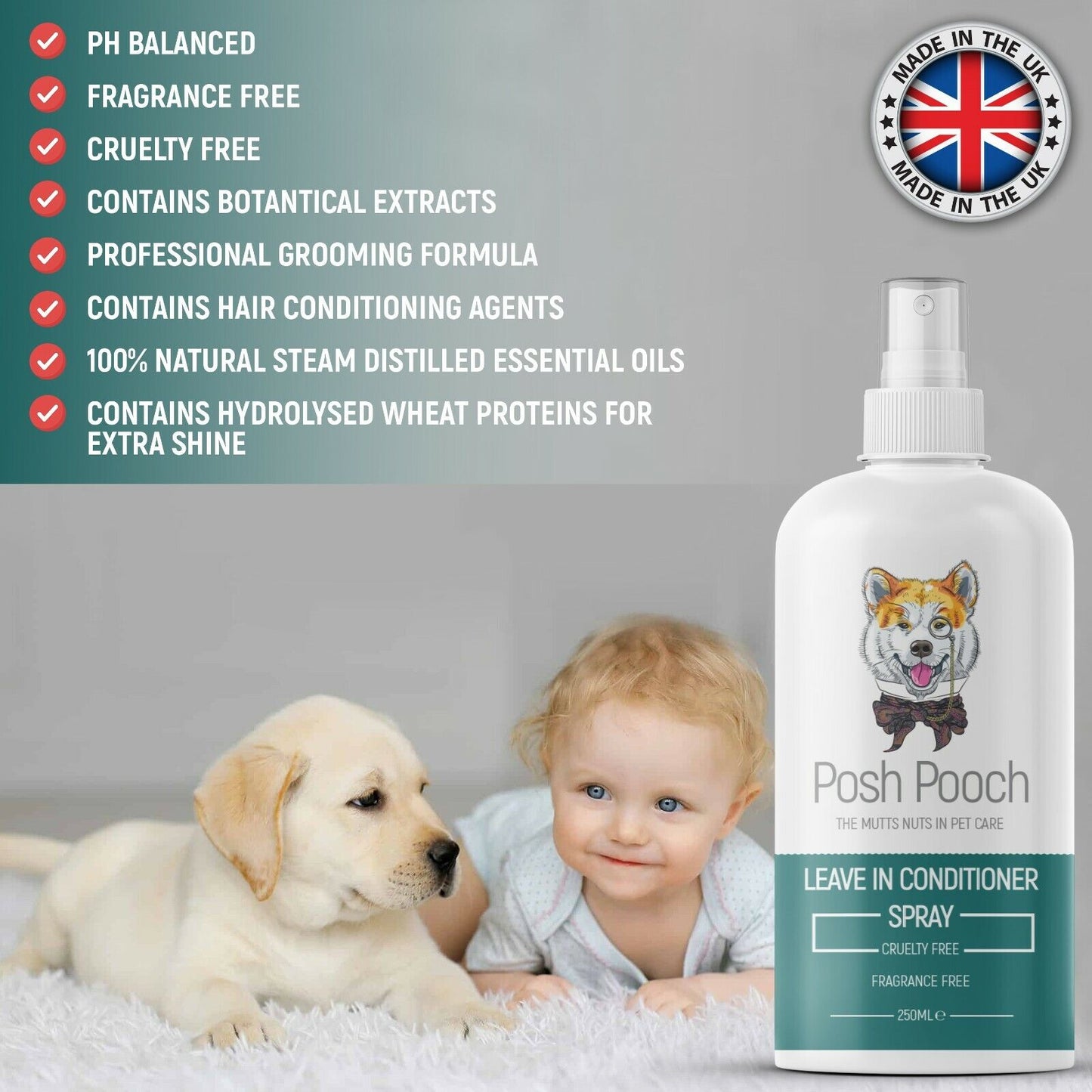Dog Conditioner Leave in Spray, Fragrance Free 2 in 1 Moisturising, Detangling Spray